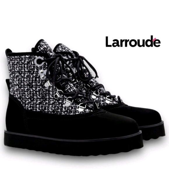 Larroude Shoes - LARROUDE Vail Flat Lace up Boots Size 9 Black Suede Tweed NEW $415 NWOB